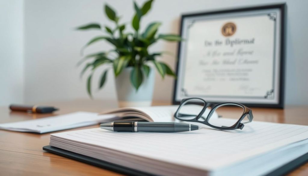 A well-lit, close-up study of a therapist's desk, showcasing an open notebook, a pen, and a pair of glasses. The desktop is tidy, with a potted plant and a framed diploma in the background, suggesting a professional, clinical setting. The lighting is soft and evenly distributed, creating a contemplative mood. The angle is slightly elevated, giving the viewer a sense of being present in the moment, observing the tools of the trade used in a psychology case study.