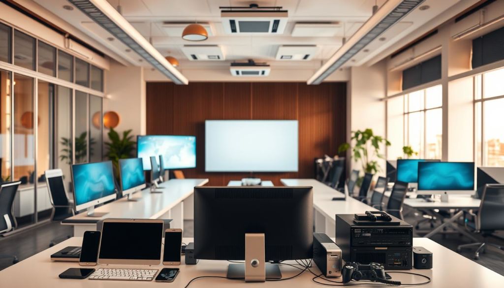 A well-lit corporate office setting, filled with a variety of communication tools and devices. In the foreground, an array of modern desktop computers, smartphones, and tablets are neatly arranged on a sleek, minimalist desk. The middle ground features a large, interactive whiteboard or display screen, surrounded by ergonomic office chairs and a conference table. In the background, high-quality video conferencing equipment, cloud storage devices, and other advanced communication technologies are visible, all bathed in warm, natural lighting from large windows. The overall atmosphere conveys a sense of efficiency, collaboration, and technological sophistication, reflecting the needs of a thriving corporate environment.