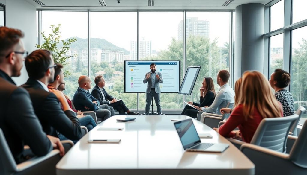 A well-lit corporate training room with sleek modern furniture and large windows overlooking a lush urban landscape. In the foreground, a group of diverse professionals engaged in a collaborative discussion, their faces animated with focused attention. The middle ground features an energetic instructor guiding the group, using a digital presentation screen to highlight key points. The background softly blurs, capturing the sense of a dynamic, productive work environment conducive to learning and professional development.
