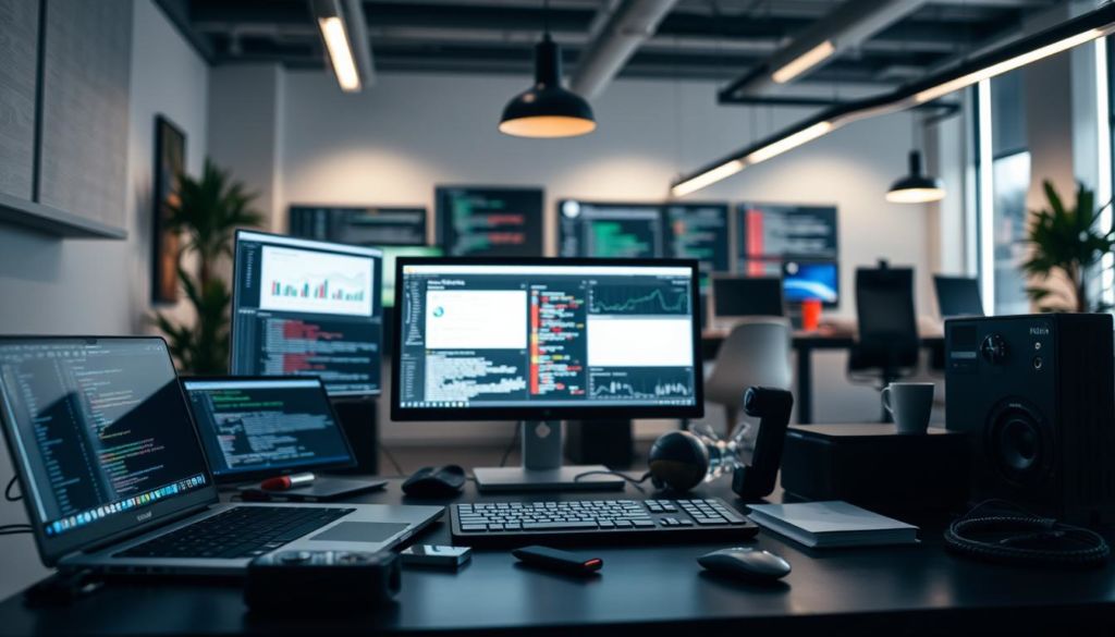 A well-lit desktop workstation showcasing an assortment of hacking and growth hacking tools. In the foreground, there are various digital devices and gadgets, such as a laptop, a smartphone, and a USB drive. In the middle ground, an array of software programs, analytics dashboards, and coding interfaces are visible on the computer screens. The background features a sleek, minimalist office setting with modern furnishings and stylish decor, conveying a sense of a professional, high-tech workspace dedicated to growth hacking strategies and techniques. The overall atmosphere is one of focus, innovation, and technological prowess.