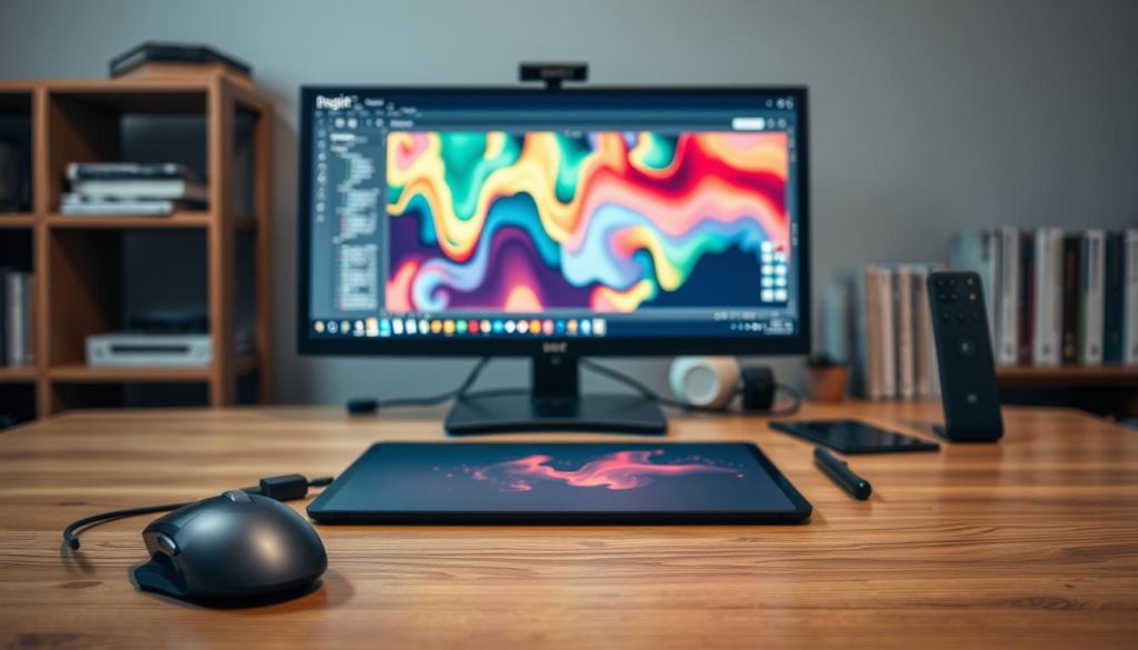 A well-lit, detailed still-life composition showcasing an assortment of heatmap creation tools. In the foreground, an ergonomic computer mouse, a digitizer pen, and a graphic tablet are arranged on a minimalist wooden desk. In the middle ground, a high-resolution computer monitor displays a vibrant heatmap visualization, its colors and patterns reflecting the data analysis process. In the background, a bookshelf holds reference materials on data visualization and design. Soft, directional lighting accentuates the textures and materials, creating a sense of depth and professionalism. The overall atmosphere is one of focus, productivity, and the creative potential of heatmap analysis tools.