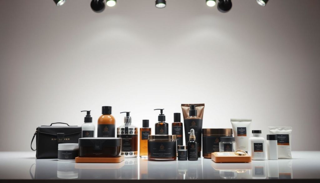 A well-lit, elegant product display featuring an assortment of high-quality products against a clean, minimalist background. The foreground showcases several thoughtfully arranged items, each with a polished, inviting appearance that draws the viewer's attention. The middle ground maintains a sense of balance and symmetry, while the background is softly blurred, creating depth and emphasizing the focal point. Dramatic lighting from above casts subtle shadows, accentuating the textures and materials of the products. The overall composition exudes a sense of sophistication and attention to detail, perfectly capturing the essence of "descrições persuasivas".