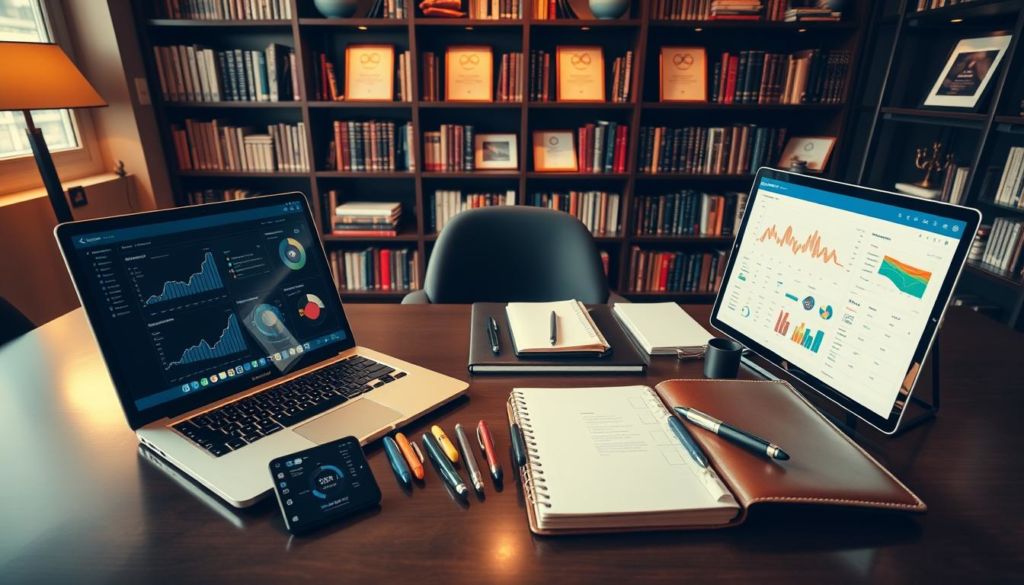 A well-lit, high-angle shot of an organized workspace showcasing an assortment of advanced business management tools. In the foreground, a sleek laptop, a modern smartphone, and a professional-grade tablet, each displaying analytics dashboards and project management interfaces. In the middle ground, an elegant desk with a neatly arranged array of pens, highlighters, and a leather-bound notebook. In the background, bookcases filled with industry-relevant publications and framed certificates, exuding an atmosphere of expertise and sophistication. Warm, directional lighting creates a sense of productivity and authority, while the overall composition conveys the power of leveraging the right tools to master advanced business management.