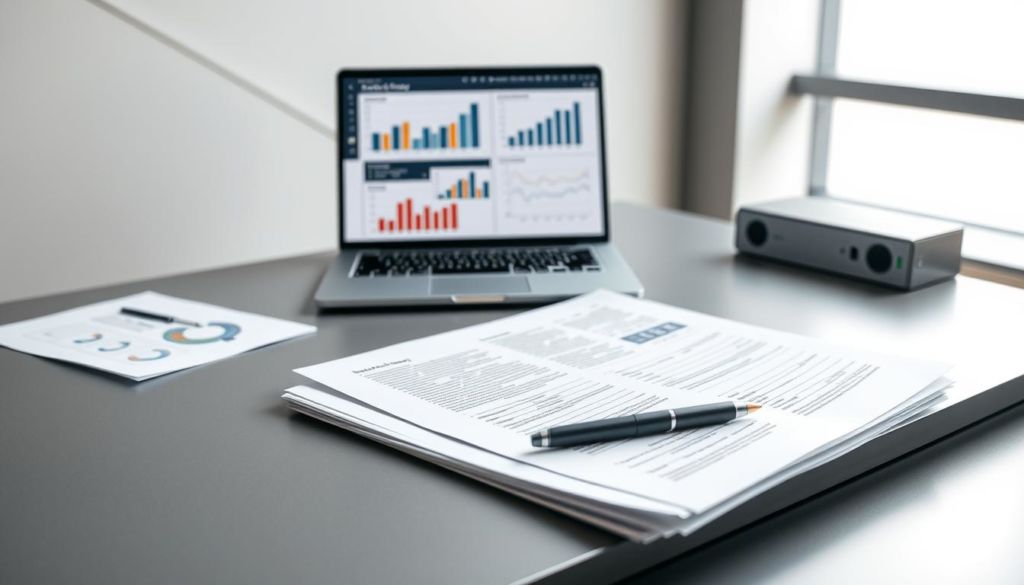 A well-lit, high-angle view of a professional-looking business presentation layout on a sleek, modern office desk. In the foreground, a stack of papers and a pen organized neatly. In the middle ground, a laptop displaying graphs and charts, conveying the idea of an in-depth case study analysis. The background features a minimalist, light-colored wall with a subtle, geometric pattern, creating a sense of balance and professionalism. The overall atmosphere is one of efficiency, attention to detail, and a methodical approach to the case study distribution process.
