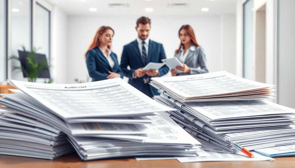 A well-lit, high-fidelity illustration depicting the key concepts and principles of auditing standards. In the foreground, a collection of official-looking documents, folders, and audit checklists are arranged neatly, conveying a sense of organization and attention to detail. In the middle ground, a pair of auditors in professional attire stand examining the materials, their expressions focused and serious. The background features a clean, minimalist office interior with neutral tones, suggesting a professional, authoritative setting. The overall composition evokes a tone of authority, thoroughness, and adherence to established audit guidelines and regulations.