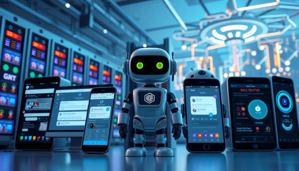 A well-lit, high-quality, detailed 3D rendering of various sales bot platforms. The foreground shows the front-facing user interfaces of popular chatbot, messaging, and virtual assistant platforms, each with a distinct style and branding. The middle ground features different deployment options like web, mobile, and voice-enabled interfaces. The background showcases a futuristic technology landscape with glowing server racks, data centers, and interconnected networks. The overall mood is clean, modern, and professional, conveying the power and versatility of these sales automation tools.