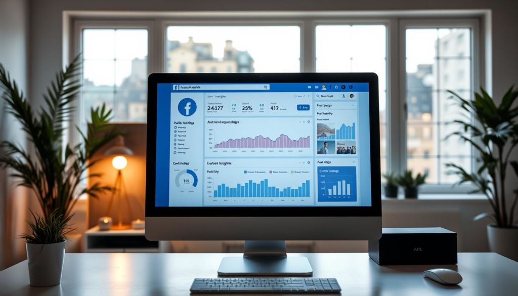 A well-lit, high-resolution desktop computer screen displaying the Facebook Insights analytics dashboard, showcasing various charts, graphs, and metrics related to page performance, audience engagement, and content insights. The screen is positioned on a modern, minimalist desk in a bright, airy home office setting, with a warm, natural lighting filtering in through large windows in the background. The overall tone is one of professionalism, productivity, and digital optimization, conveying the importance of data-driven insights for effective social media marketing.