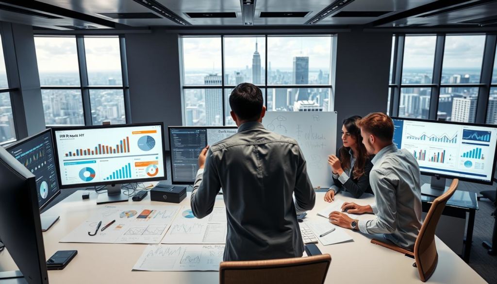 A well-lit, high-resolution image of a modern corporate office workspace, with a large desk displaying a variety of HR-related graphs, charts, and dashboards on multiple computer screens. In the foreground, a team of four diverse professionals engaged in an intensive discussion, analyzing the data and planning improvements. The middle ground features a large whiteboard with handwritten notes and analytics, while the background showcases a panoramic city skyline seen through floor-to-ceiling windows, conveying a sense of progress and continuous optimization. The overall atmosphere is one of collaboration, diligence, and a relentless drive for HR excellence.