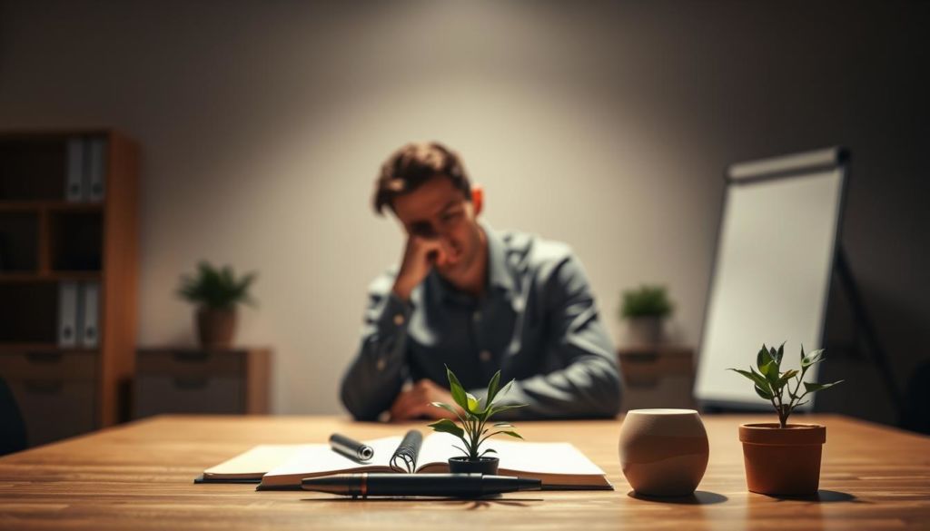 A well-lit, high-resolution image of a thoughtful, introspective person sitting at a desk, contemplating ethical considerations in marketing. The figure is surrounded by a minimalist, monochromatic office environment, with clean lines and subtle hints of warm tones. The lighting is soft and diffused, creating a sense of contemplation and focus. In the foreground, there are carefully arranged objects that symbolize the values and principles of ethical marketing, such as a pen, a notebook, and a small plant. The background is blurred, allowing the viewer to concentrate on the central figure and the ideas they represent. The overall atmosphere is one of quiet reflection and a commitment to responsible, principled business practices.