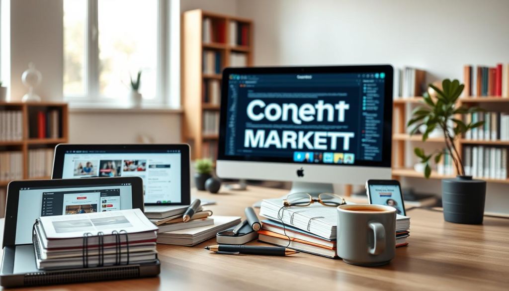 A well-lit, high-resolution studio photograph showcasing an assortment of content marketing tools. In the foreground, a desktop computer, a tablet, and a smartphone display various digital marketing software interfaces. In the middle ground, a stack of notebooks, pens, and a cup of coffee symbolize the creative process. The background features a minimalist office setting with shelves of books and a large window letting in soft, natural light. The overall scene conveys a sense of productivity, organization, and the integration of digital and analog tools for effective content marketing.