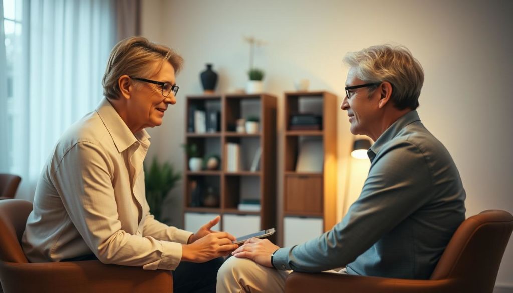 A well-lit home office setting with a professional coach guiding a client in a one-on-one life coaching session. The coach is sitting across from the client, leaning in with an attentive and empathetic expression. The client appears thoughtful and engaged. Soft, warm lighting fills the room, creating a calming, introspective atmosphere. The background features tasteful, minimalist decor - a bookshelf, a potted plant, and neutral-toned walls. The overall scene conveys the nurturing, collaborative nature of an executive life coaching interaction.