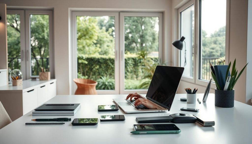 A well-lit home office with a laptop, smartphone, and various productivity tools and accessories neatly arranged on a modern, minimalist desk. The room has large windows offering a picturesque view of a lush, green garden outside. Soft, diffused lighting creates a warm, inviting atmosphere, with clean lines and a neutral color palette reflecting a sense of focus and efficiency. The pose of the hands on the laptop keyboard suggests an individual actively engaged in tasks and next steps following the creation of a new account, perhaps exploring platform features, setting up a channel, or planning content.