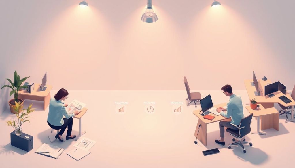 A well-lit, isometric illustration depicting the key stages of a financial audit process. In the foreground, a team of auditors carefully reviewing financial documents and records. In the middle ground, a series of sequential icons representing the core audit steps - planning, fieldwork, analysis, reporting. In the background, a minimalist office setting with desks, computers, and other audit-related equipment, all cast in a warm, professional glow. The overall composition conveys a sense of structured workflow, attention to detail, and the importance of the auditing process.