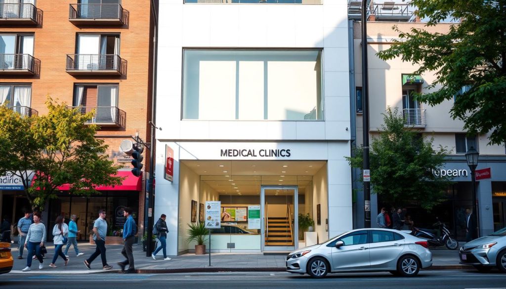 A well-lit, modern medical clinic nestled in a vibrant urban street. The exterior features a clean, minimalist facade with large windows that allow natural light to flood the interior. The entrance is marked by a prominent sign displaying the clinic's name, inviting patients to step inside. The surrounding neighborhood is lively, with pedestrians strolling along the sidewalks and cars passing by. The overall atmosphere conveys a sense of professionalism, accessibility, and community, reflecting the clinic's commitment to providing high-quality healthcare services to the local population.