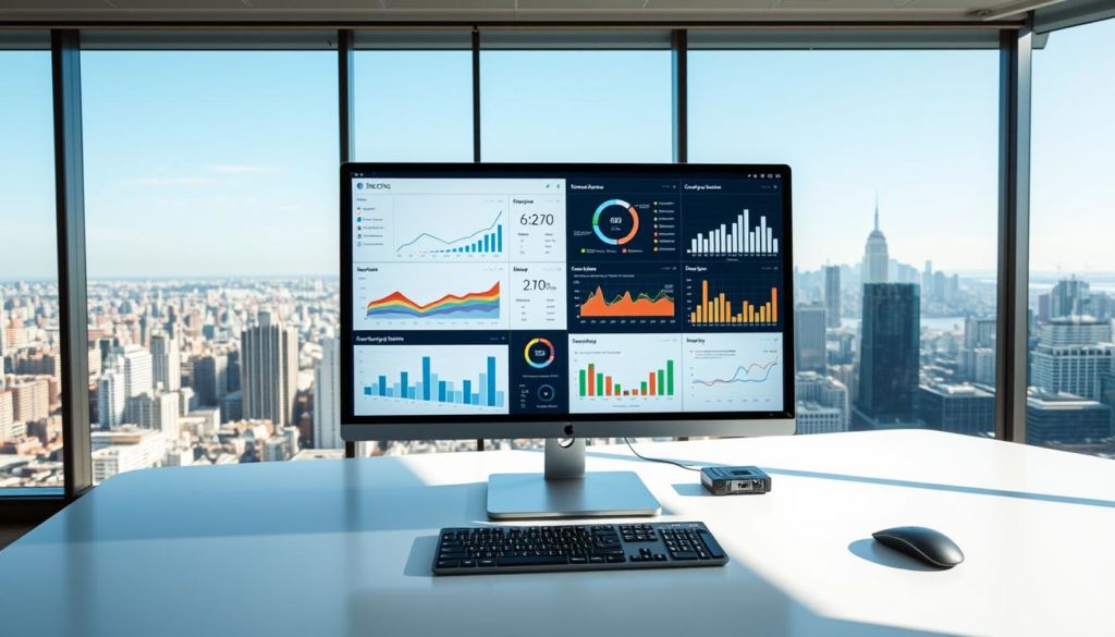 A well-lit, modern office setting with a large computer monitor displaying various analytics and data visualization dashboards. The monitor is positioned on a clean, minimalist desk, with a keyboard and mouse nearby. In the background, there are floor-to-ceiling windows that provide a panoramic view of a bustling city skyline, conveying a sense of productivity and progress. The lighting is bright and natural, creating a calm and focused atmosphere. The overall scene emphasizes the importance of monitoring and analyzing campaign results, a crucial step in crafting effective discount coupon strategies.