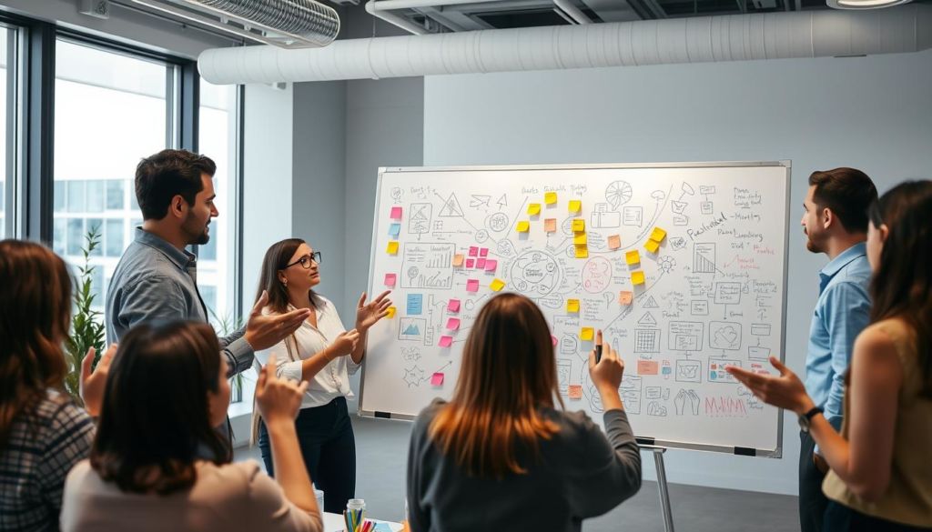 A well-lit, modern office setting with a team of professionals gathered around a large whiteboard, engaged in a lively brainstorming session. The foreground features the team, with gesturing hands, thoughtful expressions, and an array of colored markers and sticky notes on the board. The middle ground showcases the whiteboard covered in a web of ideas, sketches, and diagrams, while the background depicts a sleek, minimalist workspace with large windows letting in natural light. The overall mood is one of creativity, collaboration, and a sense of productive energy.