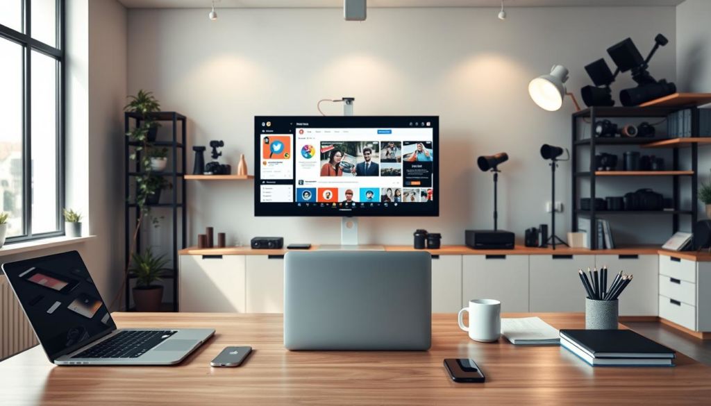 A well-lit, modern office space with minimalist decor and clean lines. In the foreground, a laptop, smartphone, and various office supplies are neatly arranged on a sleek, wooden desk. The middle ground features a large, high-resolution monitor displaying social media platform interfaces, with icons and graphics emphasizing image optimization. In the background, shelves filled with photography equipment, including cameras, lenses, and lighting accessories, hint at the technical aspects of visual content creation. The overall atmosphere is one of productivity, efficiency, and a focus on visual communication for social media.