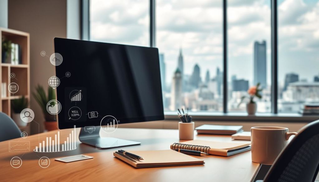 A well-lit, modern office workspace with a sleek, minimal desktop computer setup. The foreground features various digital marketing icons and infographic elements, such as graphs, charts, and data visualizations, hinting at the concept of inbound marketing optimization. The middle ground showcases a thoughtful arrangement of office supplies, including a pen, notebook, and a cup of coffee, suggesting a focused, productive work environment. The background depicts a large window overlooking a bustling city skyline, providing a sense of connectivity and global reach. The overall mood is one of professionalism, efficiency, and a data-driven approach to digital marketing success.