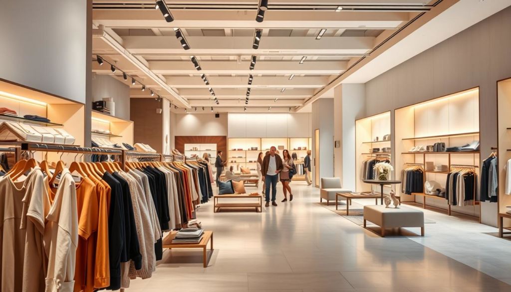 A well-lit, modern retail space with warm, inviting ambiance. The foreground features an elegantly designed clothing display with carefully curated merchandise. In the middle ground, a group of customers leisurely browsing the store, engaged in the shopping experience. The background showcases a clean, minimalist interior with subtle, ambient lighting and thoughtfully placed furnishings that create a serene, pleasant atmosphere. The overall scene conveys a sense of elevated sophistication, encouraging shoppers to linger and immerse themselves in the curated environment.