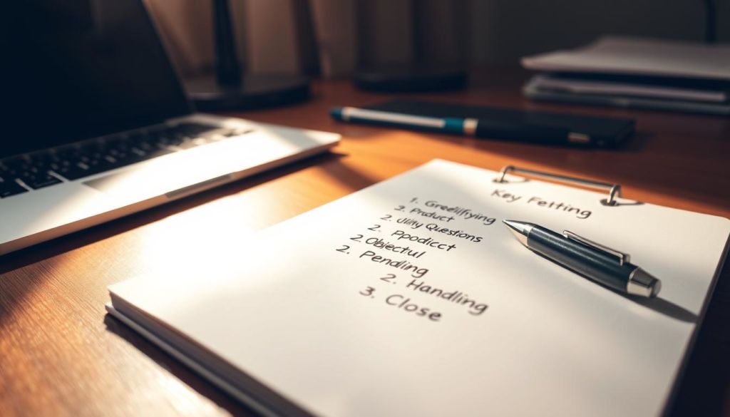 A well-lit office desk, with a laptop, a ballpoint pen, and a notebook prominently displayed. On the notebook, a meticulously organized list of key elements for a sales script, including headings such as "Greeting", "Qualifying Questions", "Product Presentation", "Objection Handling", and "Closing". The lighting is warm and inviting, creating a professional and productive atmosphere. The composition emphasizes the importance of a structured and thoughtful approach to crafting an effective sales script, reflecting the article's focus on the essential components of a successful sales strategy.