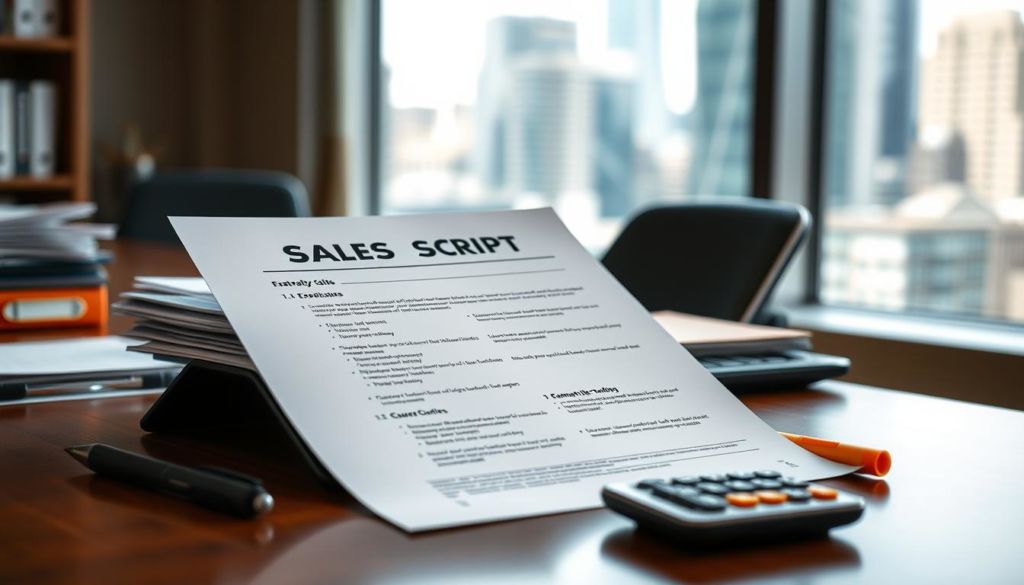 A well-lit office desk with a professional-looking sales script prominently displayed, surrounded by office supplies like a pen, highlighter, and a calculator. The script has a clear, structured layout with bullet points and headings, conveying a sense of organization and attention to detail. The background features a blurred cityscape visible through a window, suggesting a bustling, modern business environment. The overall mood is focused and productive, with a touch of sophistication.
