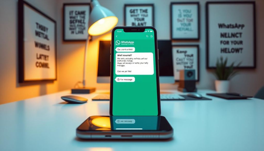 A well-lit office desk with a smartphone displaying a message window, the screen showing an automated WhatsApp message template with customizable fields. The message content appears simple yet impactful, conveying helpful information. Surrounding the desk, inspirational motivational quotes are framed on the walls, creating a productive and positive ambience. The lighting is warm and inviting, highlighting the sleek, modern design of the desk setup. A sense of organization and efficiency pervades the scene, suggesting how automated messaging can enhance professional communication.