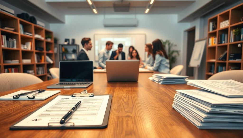 A well-lit office interior, with a large wooden table in the foreground. On the table, various data collection tools are arranged neatly - a clipboard with forms, a laptop, a pen, and a stack of paper surveys. In the middle ground, a group of professionals are gathered around the table, engaged in discussion and note-taking. The background features bookshelves, a whiteboard, and other office accessories, creating a professional, academic atmosphere. The lighting is soft and warm, creating a productive and focused ambiance. The overall scene conveys the process of data collection, analysis, and strategic decision-making for an effective marketing research project.
