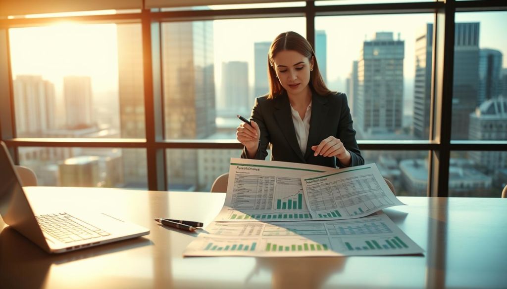 A well-lit office scene with a large desk in the foreground, showcasing a laptop, pen, and several sheets of paper displaying dynamic spreadsheet data. In the middle ground, a businesswoman in a smart suit is reviewing the spreadsheet, gesturing with a pen. The background features a large window overlooking a cityscape, bathed in warm, natural light. The overall atmosphere is one of productivity, focus, and the effective use of data analysis tools.