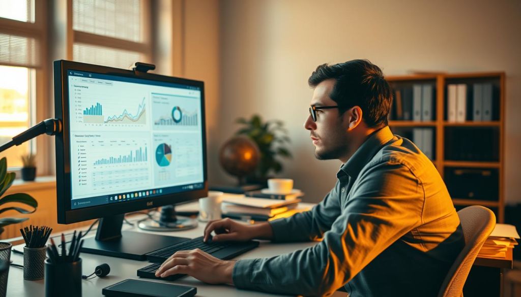 A well-lit office setting, a desk with various tools and documents, a person intently studying data on a computer screen, charts and graphs displayed prominently, a thoughtful expression on their face as they measure and evaluate the results. Warm lighting from windows casts a soft glow, creating a contemplative atmosphere. The scene conveys a sense of focused analysis, with attention to detail and a desire to understand the data and make informed decisions. Subtle camera angle from slightly above, capturing the subject's workspace and creating a sense of immersion in the process of "Medindo Resultados".