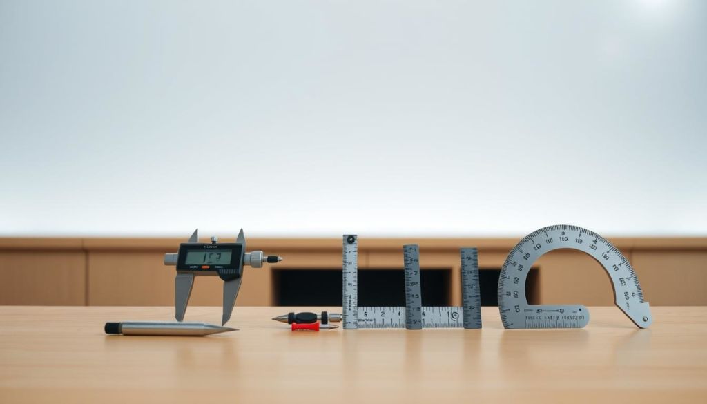 A well-lit office setting with a clean, modern desk. On the desk, a variety of measurement tools are neatly arranged, including a digital caliper, a micrometer, a ruler, and a protractor. The tools are positioned to create a visually appealing, symmetrical composition. The background features a plain, light-colored wall, allowing the measurement tools to be the central focus of the image. The lighting is soft and diffused, creating a professional, analytical atmosphere. The overall scene conveys the idea of precisely measuring and analyzing data, suitable for illustrating the section on "Ferramentas para Medir a Taxa de Aprovação".
