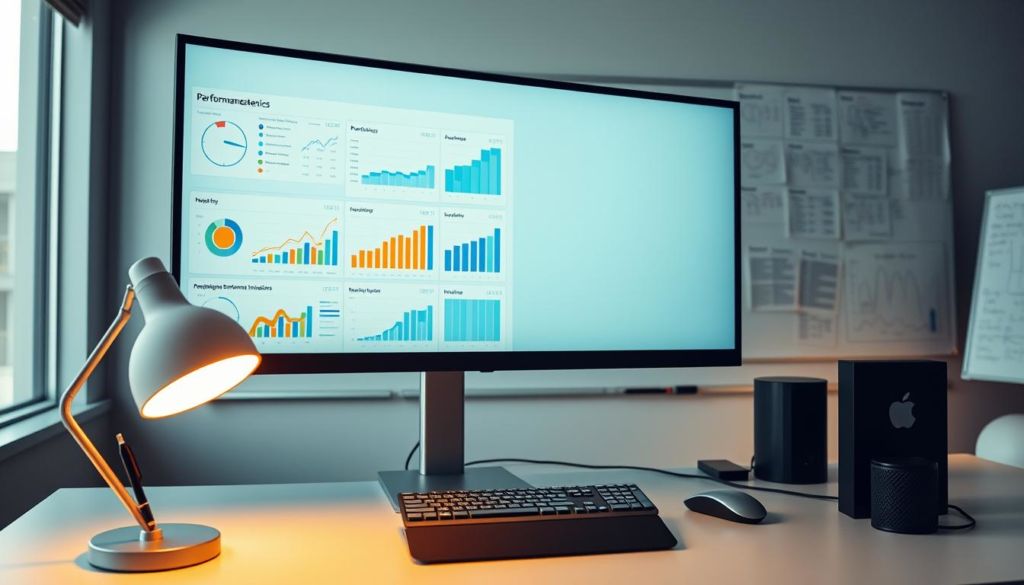 A well-lit office setting, with a large computer monitor displaying various performance metrics and data visualizations. Sleek, minimal desk setup with a keyboard, mouse, and pen holder. Warm lighting from desk lamps casts a gentle glow, creating a focused, analytical atmosphere. In the background, a large whiteboard filled with notes and charts, showcasing the process of data analysis and strategic planning. The overall scene conveys a sense of diligent monitoring, data-driven decision-making, and a dedication to tracking and improving key performance indicators.