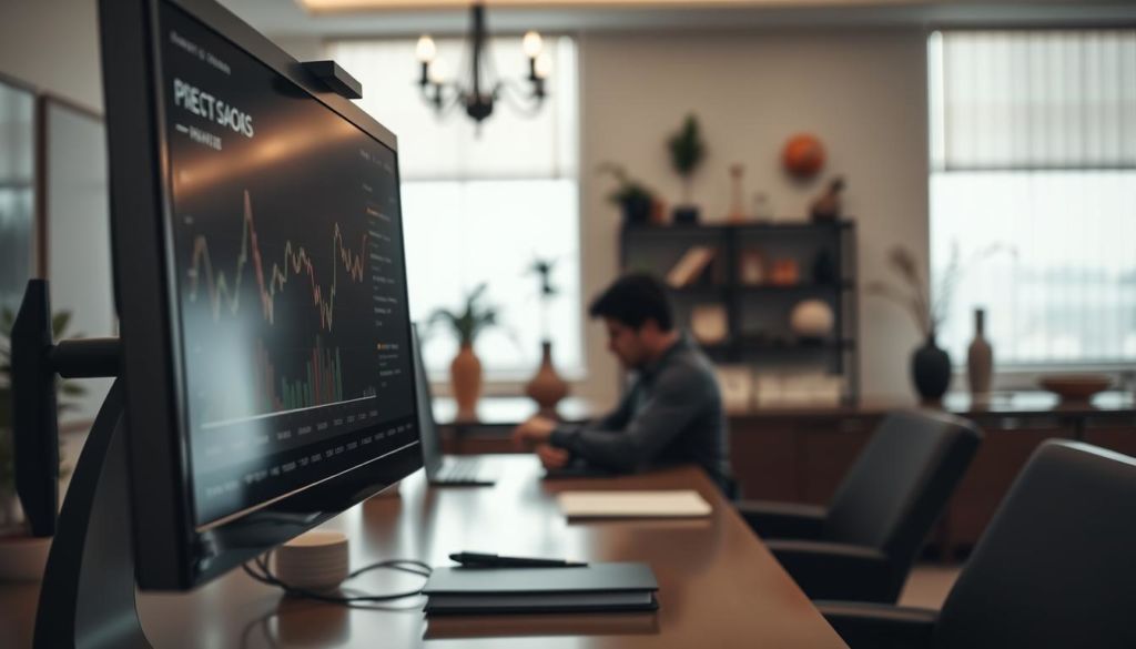 A well-lit office setting, with a large computer monitor prominently displayed in the foreground. The screen shows a graph or chart visualizing the progress of a project or plan, with various metrics and data points represented. In the middle ground, a person sitting at a desk, intently focused on the monitor, hand resting on a notebook or tablet. The background features tasteful decor and accents, creating a professional, yet contemplative atmosphere. Soft, directional lighting casts subtle shadows, emphasizing the details and drawing the viewer's attention to the central elements. The overall scene conveys a sense of thoughtful analysis and strategic planning.