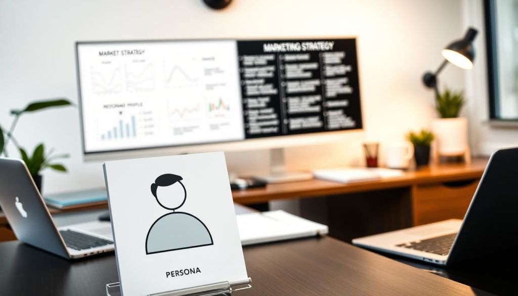 A well-lit office setting, with a modern desk, a laptop, and various marketing-related objects. In the foreground, a persona profile is prominently displayed, depicting a stylized figure representing the target customer. In the middle ground, a whiteboard or presentation screen showcases a detailed marketing strategy, complete with diagrams, charts, and action items. The background is softly blurred, suggesting a focused, professional environment. The overall scene conveys the strategic importance of understanding personas and leveraging them to craft an effective marketing approach.