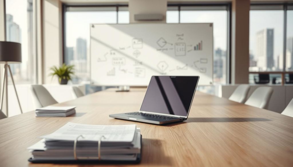 A well-lit office setting with a neatly organized meeting table, a laptop, and a stack of papers representing the meeting minutes. The table is positioned in the foreground, with a clean, minimalist design and a subtle wooden grain texture. In the middle ground, a large whiteboard displays various notes and diagrams, hinting at the discussions and decisions made during the meeting. The background features a modern, airy room with large windows overlooking a cityscape, creating a professional and productive atmosphere.