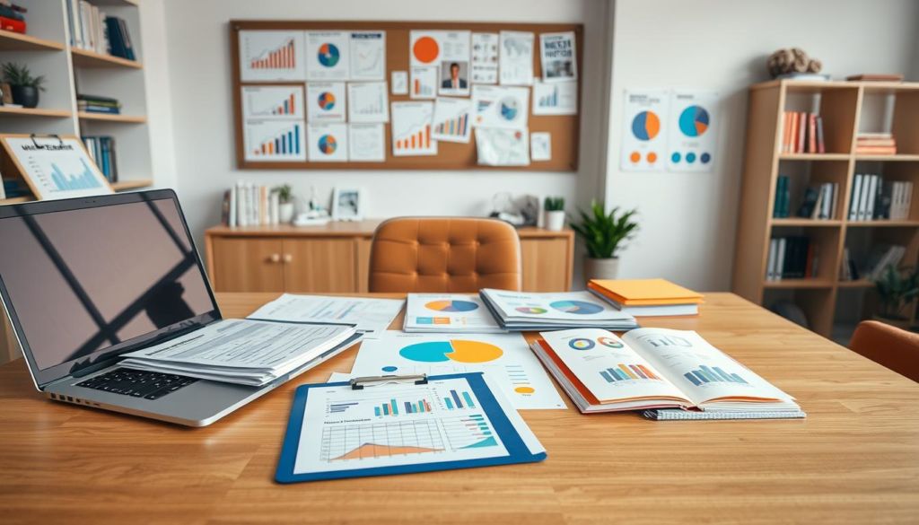 A well-lit office workspace with an array of market research tools neatly arranged on a modern wooden desk. In the foreground, an open laptop, a clipboard with survey forms, and a stack of colorful market research reports. In the middle ground, various data visualization aids like charts, graphs, and an open notebook. The background features a bulletin board with market trend data and customer persona profiles pinned up, as well as shelves stocked with relevant books and industry publications. The overall scene conveys a sense of organized productivity and a systematic approach to market analysis.