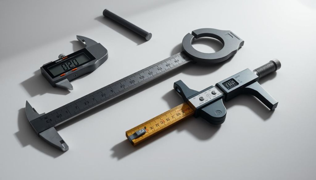 A well-lit, precision studio photograph of a collection of high-quality measurement tools, including a digital caliper, a measuring tape, a micrometer, and a level, arranged on a clean, neutral-colored surface. The tools are positioned to convey a sense of order and professionalism, casting subtle shadows that add depth and dimension to the scene. The lighting is soft and even, accentuating the metallic textures and sleek designs of the instruments. The overall mood is one of accuracy, attention to detail, and the pursuit of optimization.