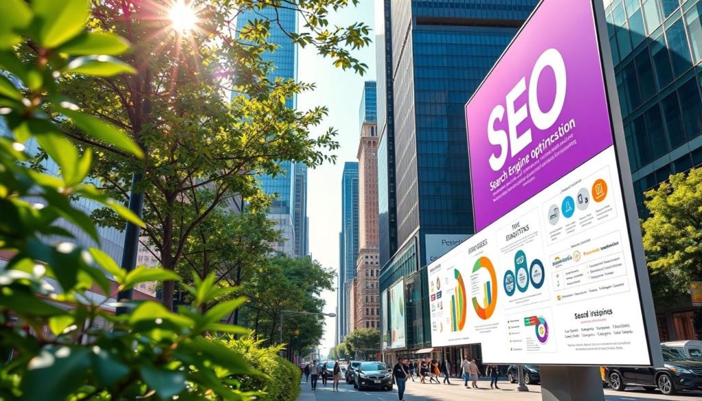 A well-lit street scene in a modern city, showcasing the interplay between organic elements like lush foliage and the sleek, geometric architecture. In the foreground, a large billboard advertisement dominates the frame, its bold, eye-catching design commanding attention. The billboard's content features a search engine optimization (SEO) visualization, with intricate data visualizations and infographics illustrating the importance of SEO in paid advertising campaigns. The middle ground is filled with pedestrians and vehicles, reflecting the bustling urban environment. In the background, skyscrapers and other high-rise buildings lend a sense of scale and depth to the composition. The overall mood is one of progress, technology, and the synergy between digital marketing and the physical world.