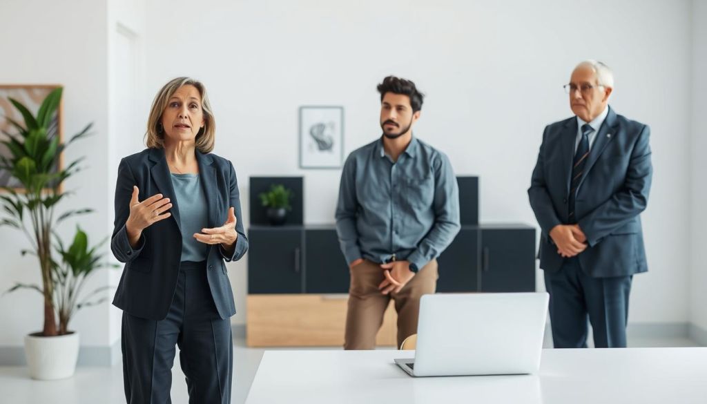 A well-lit studio scene depicting three diverse, expressive personas in a professional business setting. In the foreground, a middle-aged woman in a smart blazer and slacks confidently gestures as she speaks. To her right, a young man in a casual button-down shirt leans forward, intently listening. In the background, an older gentleman in a tailored suit stands patiently, hands clasped. Subtle environmental details like a potted plant, wall art, and a laptop on a clean desk convey a modern, collaborative workspace. The personas embody different ages, genders, and styles, representing a range of user archetypes. Soft, flattering lighting and a shallow depth of field create a polished, aspirational tone.