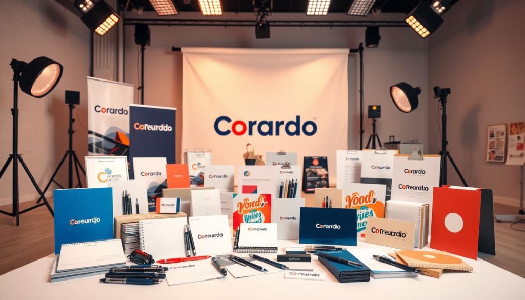 A well-lit studio setting showcasing an assortment of co-branding tools. In the foreground, a collection of branded stationery items like pens, notebooks, and business cards arranged artfully. In the middle ground, various promotional materials such as banners, signage, and product samples bearing the logos of collaborating brands. In the background, a minimalist backdrop highlighting the collaborative nature of the co-branding process. Warm, inviting lighting casts a soft glow on the scene, emphasizing the professional, yet creative atmosphere. The overall composition conveys the practical, yet strategic nature of co-branding tools used to enhance brand visibility and partnership.