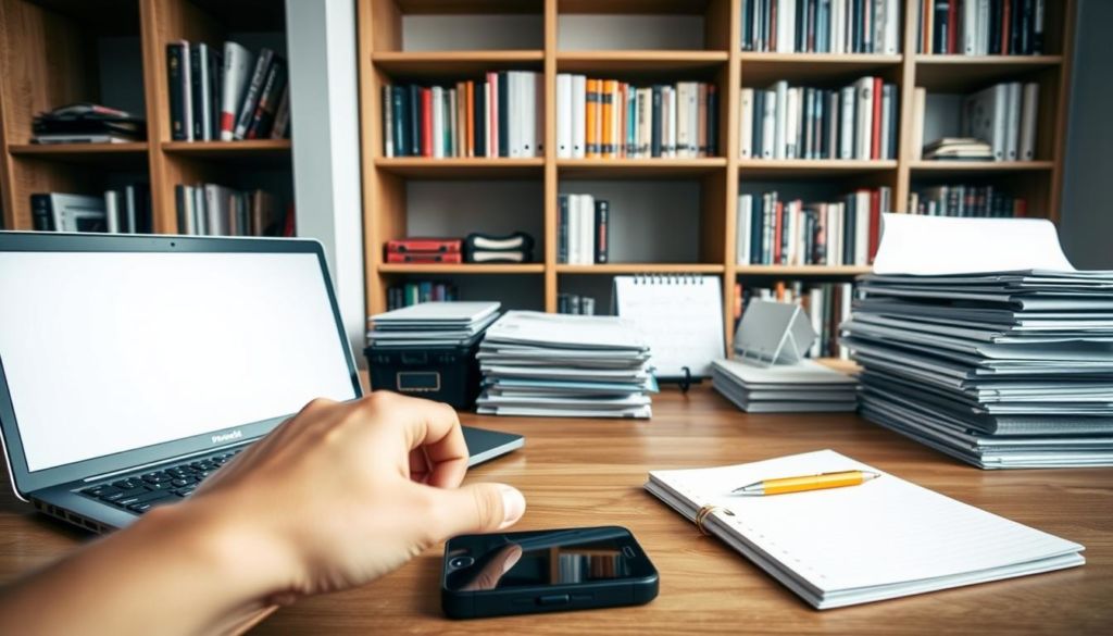 A well-lit, wide-angle shot of an office workspace with a laptop, mobile phone, and notebook on a wooden desk. In the foreground, a hand is reaching towards the laptop, representing the act of outreach and connecting with bloggers. The middle ground features neatly stacked folders and a calendar, symbolizing the organizational aspect of guest posting. The background showcases a bookshelf filled with books and magazines, hinting at the research and preparation involved. The overall mood is focused, intentional, and professional, reflecting the serious, yet strategic nature of the guest posting process.