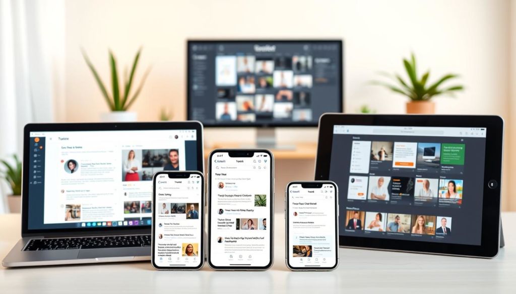 A well-organized collection of digital curation tools against a soft, natural backdrop. In the foreground, a sleek laptop, smartphone, and tablet display content curation interfaces. In the middle ground, a desktop monitor shows a visual content calendar. The background features a serene office space with potted plants, warm lighting, and minimal decor, conveying a sense of thoughtful, focused workflow. The overall scene has a clean, modern aesthetic with a touch of organic warmth, reflecting the intersection of technology and human creativity in the curation process.