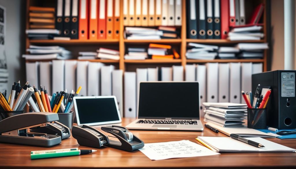 A well-organized composition showcasing a diverse array of sales tools and equipment. In the foreground, various office supplies like staplers, pens, and notepads are neatly arranged on a sleek wooden desk. In the middle ground, a laptop, tablet, and smartphone are placed, symbolizing modern digital sales tools. The background features shelves filled with sales binders, folders, and reference materials, creating a professional, business-oriented atmosphere. Soft, diffused lighting casts a warm glow across the scene, highlighting the tactile, hands-on nature of the sales process. The overall mood is one of productivity, efficiency, and the tools needed to support a successful sales career.
