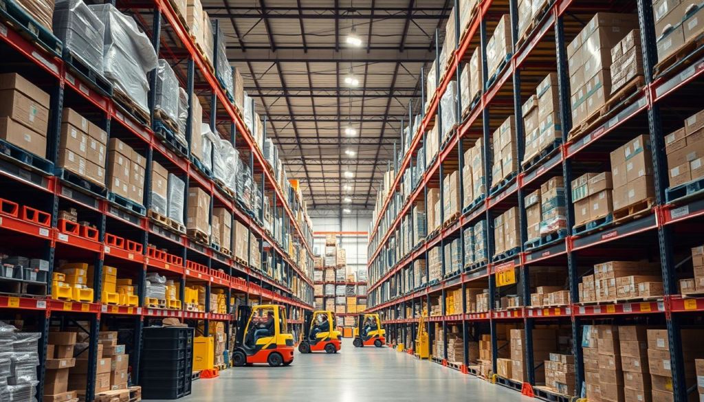 A well-organized, efficient warehouse interior with meticulously arranged shelves, bins, and storage units. Warm, diffused lighting illuminates the scene, highlighting the clean, organized layout. Forklift trucks and workers in the background efficiently manage inventory, creating a sense of productivity and seamless workflow. The overall atmosphere conveys a streamlined, methodical approach to inventory management, perfectly capturing the essence of an "estoque eficiente" or efficient stock system.
