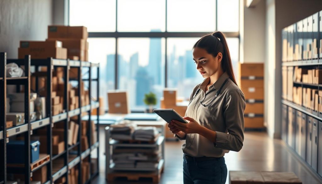 A well-organized inventory management system in a modern, minimalist office setting. In the foreground, neatly arranged shelves and storage units display a variety of products. Mid-ground features a focused employee using a tablet to update inventory records, bathed in warm, diffused lighting. The background depicts a clean, airy workspace with large windows overlooking a city skyline, conveying a sense of efficiency and professionalism. The overall scene reflects a streamlined, tech-savvy approach to inventory management that aligns with the practical, success-oriented theme of the article.