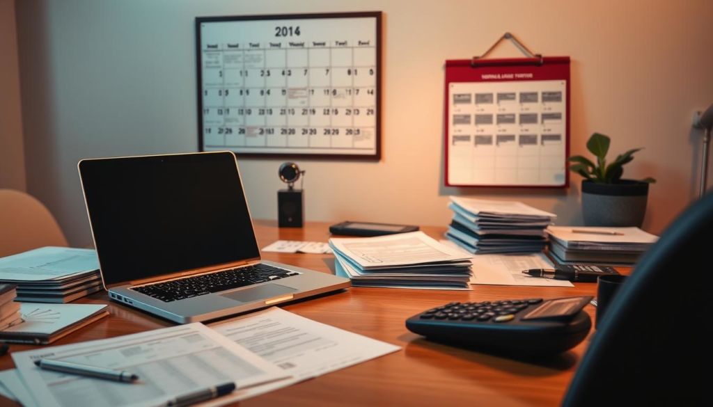 A well-organized office desk, with a laptop, calculator, and financial documents neatly arranged. In the background, a large wall calendar displays the current month. Soft, indirect lighting casts a warm, focused glow over the workspace, creating a sense of productivity and attention to detail. The overall atmosphere conveys a feeling of financial control and diligent money management, reflecting the practical guidance in the "Controle financeiro: dicas práticas" section of the "Guia Prático de Gerenciamento Financeiro" article.