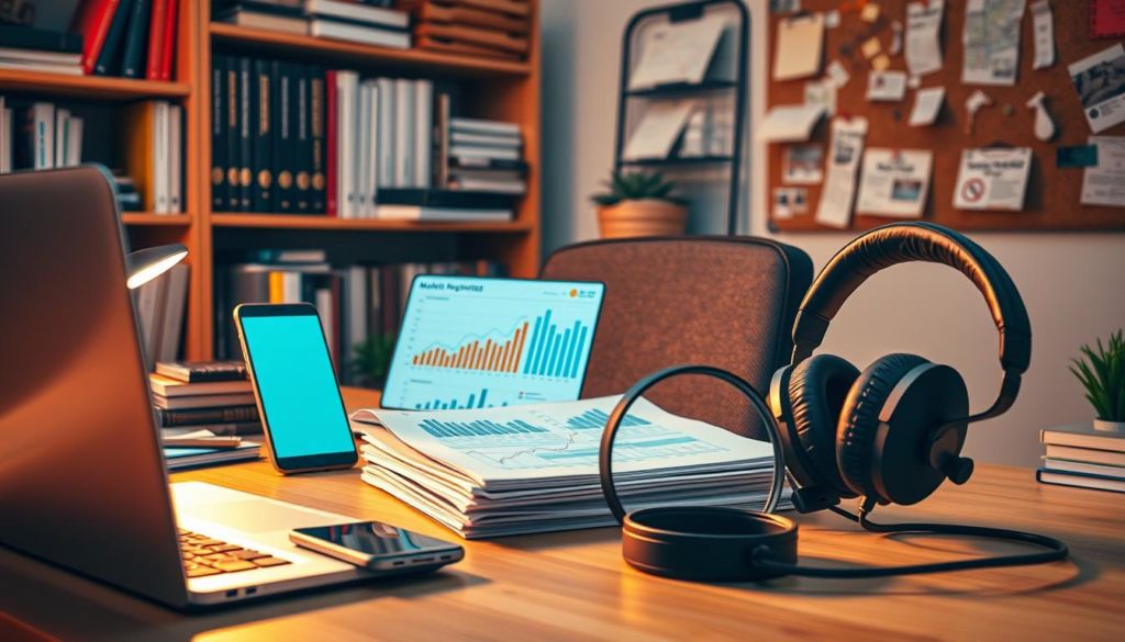 A well-organized office space with a variety of essential competitive intelligence tools neatly arranged. In the foreground, a sleek laptop, a smartphone, and a tablet displaying market analytics graphs and charts, all bathed in warm, focused lighting. The middle ground showcases a stack of research reports, a magnifying glass, and a pair of high-quality noise-cancelling headphones, suggesting a deep dive into data and insights. In the background, a bookshelf filled with industry-specific reference materials and a corkboard adorned with sticky notes, maps, and news clippings, hinting at the breadth and depth of the user's competitive analysis capabilities. The overall mood is one of productivity, efficiency, and a relentless pursuit of strategic advantage.