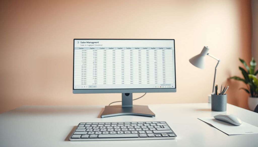 A well-organized sales management spreadsheet presented on a clean, minimalist desk. The foreground showcases the spreadsheet interface with neatly arranged rows and columns, highlighting key sales metrics and performance data. The middle ground features a modern desktop setup with a sleek monitor, ergonomic keyboard, and subtle desk accessories. The background depicts a warm, softly-lit office environment, creating a professional and productive atmosphere. Subtle lighting from above casts a gentle glow, and the camera angle provides a clean, centered perspective to showcase the spreadsheet's essential components.