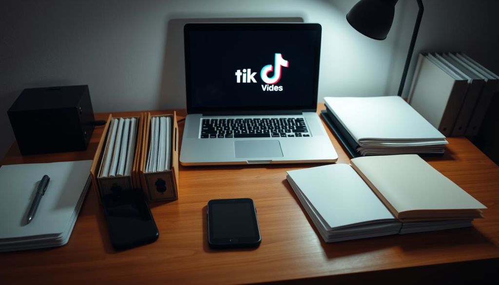 A well-organized workstation with a laptop, smartphone, and various file folders meticulously arranged on a clean, wooden desk. Soft, diffused lighting illuminates the scene, creating a warm, productivity-focused atmosphere. The laptop screen displays a TikTok logo, hinting at the task at hand - organizing and managing downloaded TikTok videos. Subtle shadows add depth and dimension, while the overall composition maintains a sense of balance and visual harmony. The image conveys a sense of efficiency, control, and a commitment to personal organization.