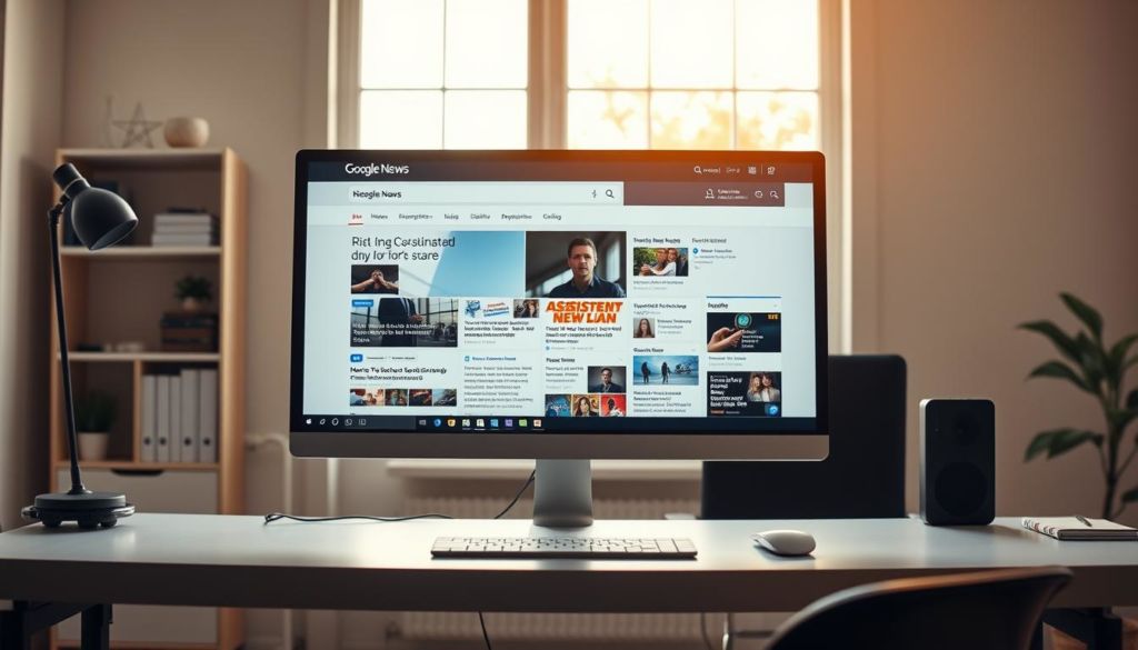 A wide desktop computer monitor displaying a vibrant Google News page, with headline articles and images arranged in a clean, visually appealing layout. The monitor is set on a sleek, modern desk in a well-lit home office, with subtle warm lighting filtering in from a large window in the background. The overall scene conveys a sense of productivity, research, and digital exploration, perfectly complementing the article's focus on mastering advanced Google search techniques.