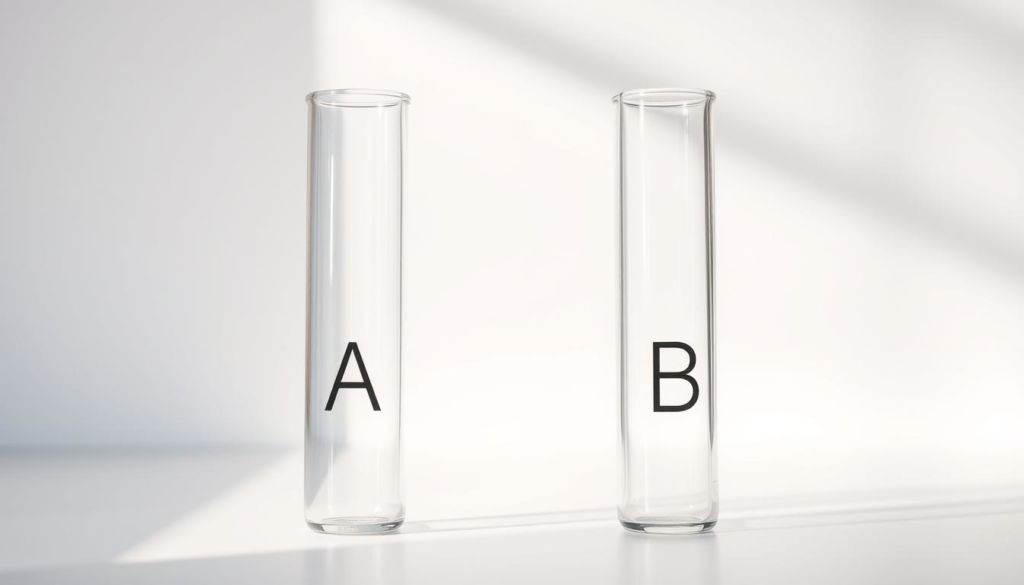 A/B testing concept for email marketing, depicted as a scientific experiment with two test tubes labeled "A" and "B". The tubes are set against a clean, minimalistic background, illuminated by soft, natural lighting from the side. The glass vessels have a glossy, reflective surface, creating a sense of precision and professionalism. The composition emphasizes the simplicity and clarity of the A/B testing process, conveying the importance of data-driven decision making in effective email marketing strategies.